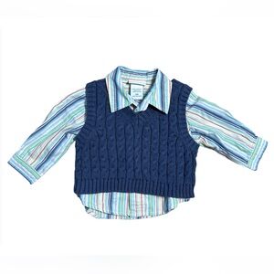 Vintage Lullaby Club Boys Striped Shirt with Blue Knit Vest Size 3M